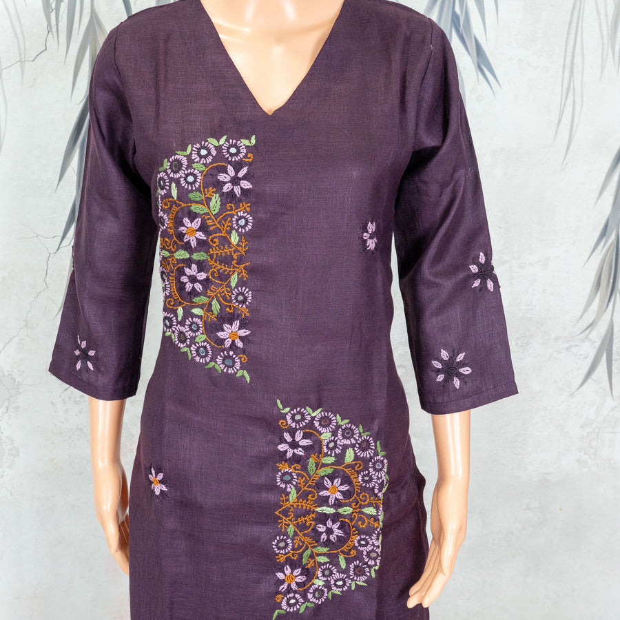 Deep Plum Purple Vertical Floral Panel Hand Embroidered 2-Piece Kurta Set – NWD-01-005