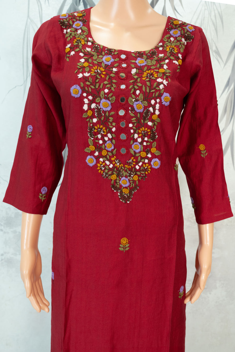 Deep Red Mirror Floral Yoke Hand Embroidered 2-Piece Kurta Set – NWD-01-016