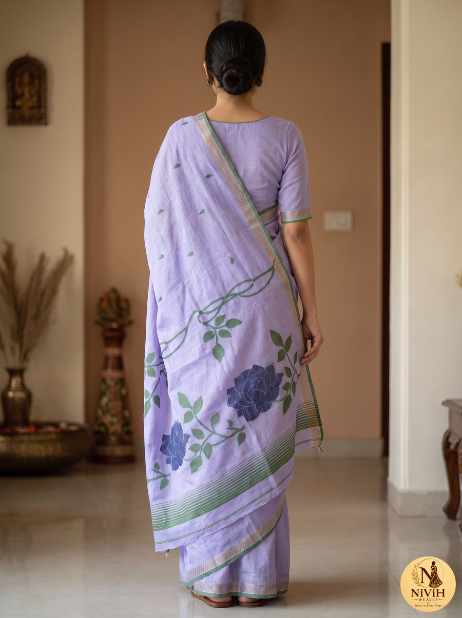 Lavender Mul Cotton Saree with Dark Rose Pallu & Green Stripe Border – NWS-01-018