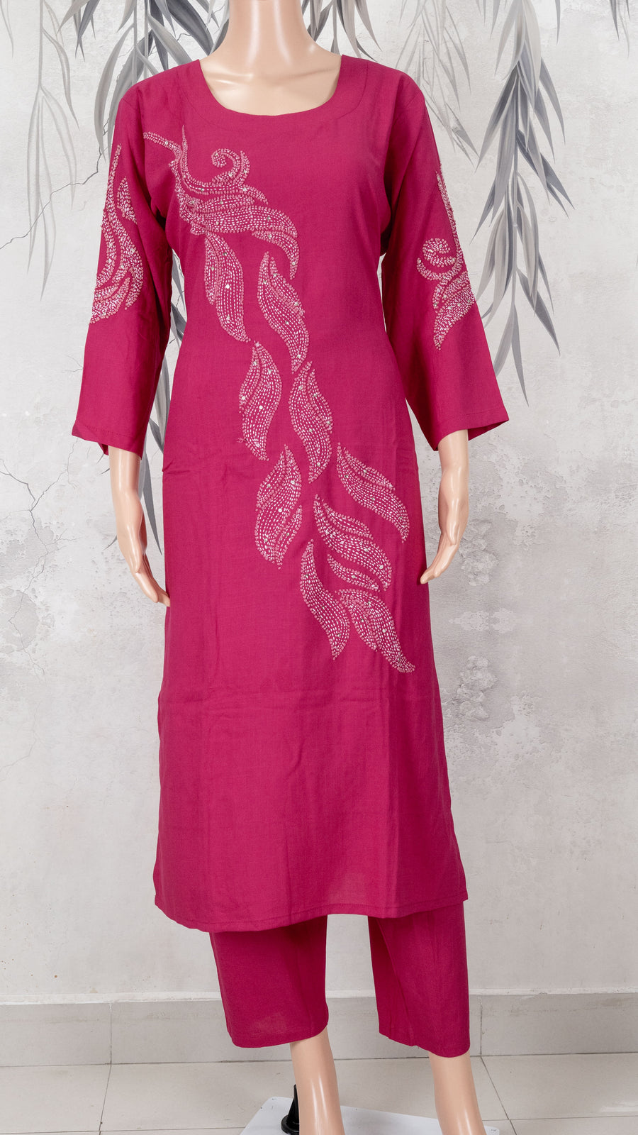 Hot Pink Silver Sequin Feather Hand Embroidered 2-Piece Kurta Set – NWD-01-008