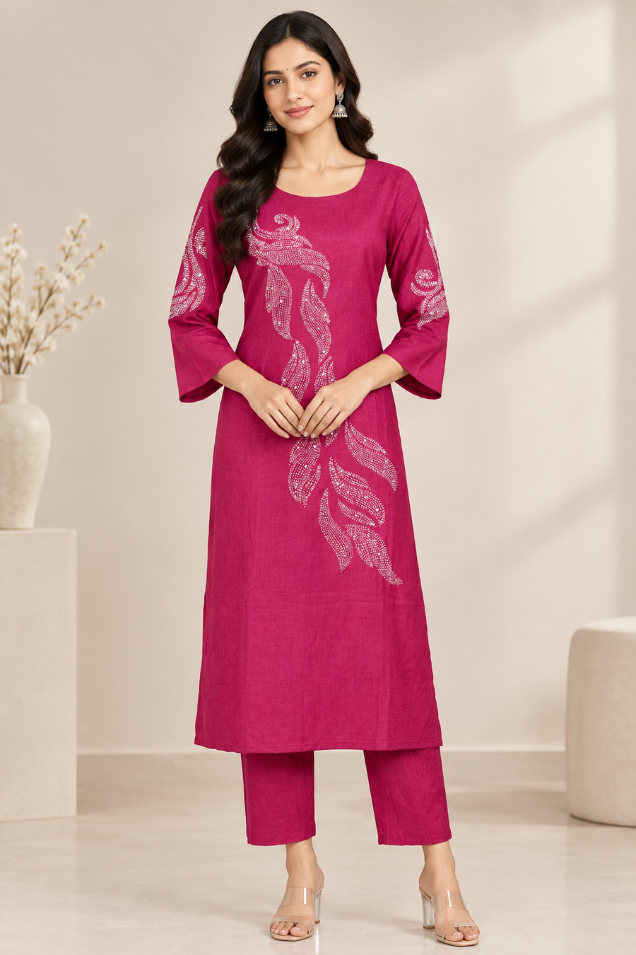 Hot Pink Silver Sequin Feather Hand Embroidered 2-Piece Kurta Set – NWD-01-008