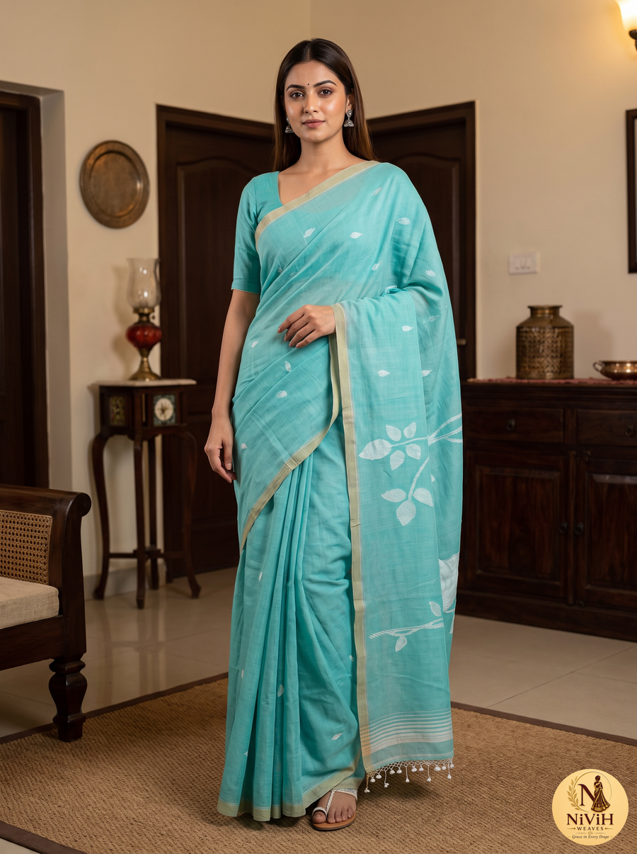 Aqua Blue Mul Cotton Saree with White Botanical Leaf Pallu – NWS-01-018