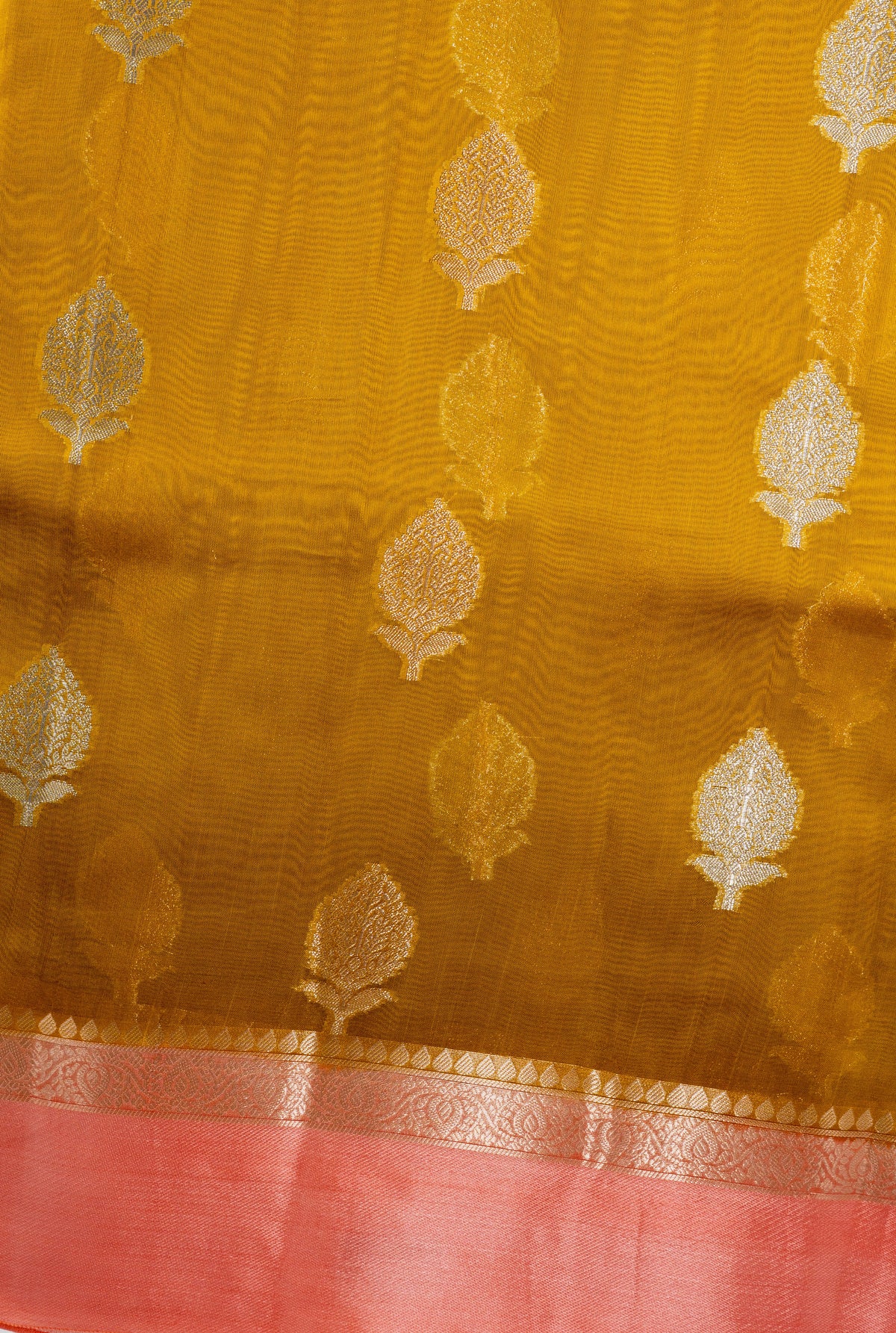 Banaras Kashmiri Silk mustard yellow woven leaf motif detail