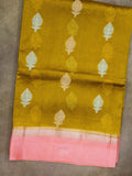 Banaras Kashmiri Silk mustard yellow and pink saree full view