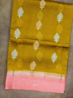 Banaras Kashmiri Silk mustard yellow and pink saree full view