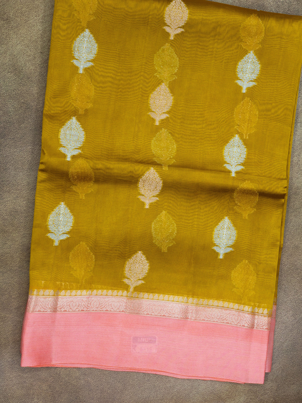Banaras Kashmiri Silk mustard yellow and pink saree full view