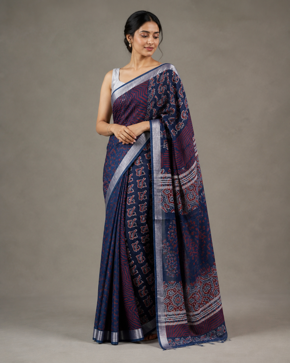 Blue Banarasi Linen Cotton Saree — model view