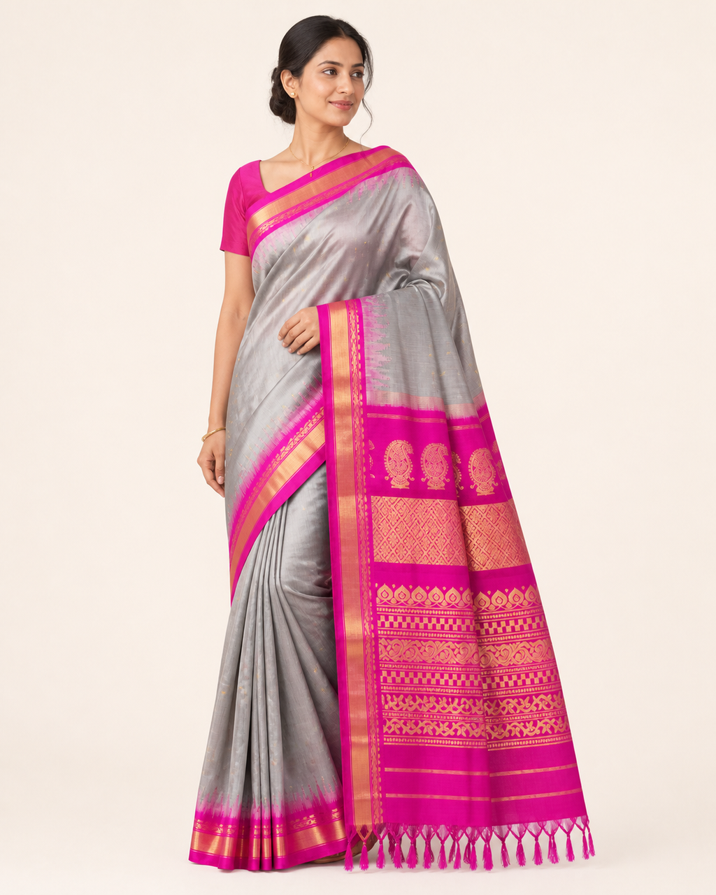 Pure handloom Gadwal saree catalog 43 — modeled view with minimal jewelry