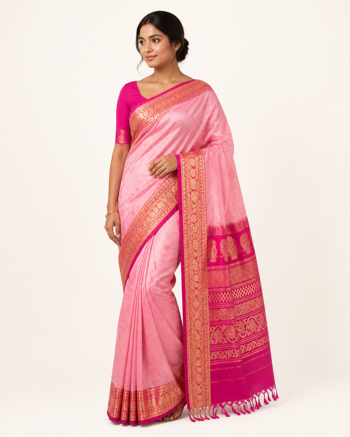 Pure handloom Gadwal saree catalog 45 — modeled view with minimal jewelry