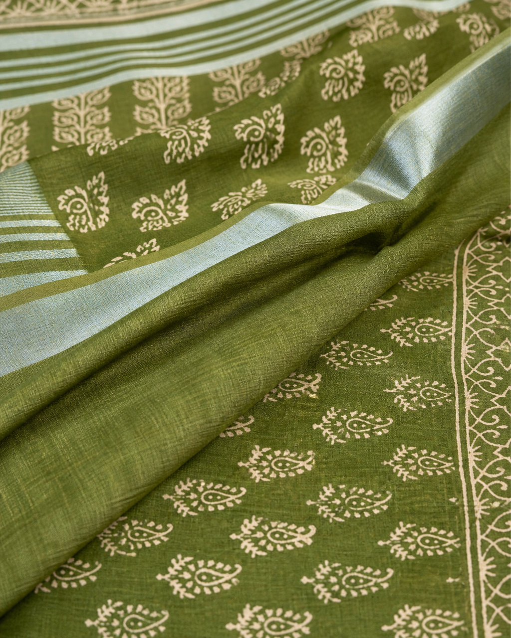 Green Banarasi Linen Cotton Saree — fabric view