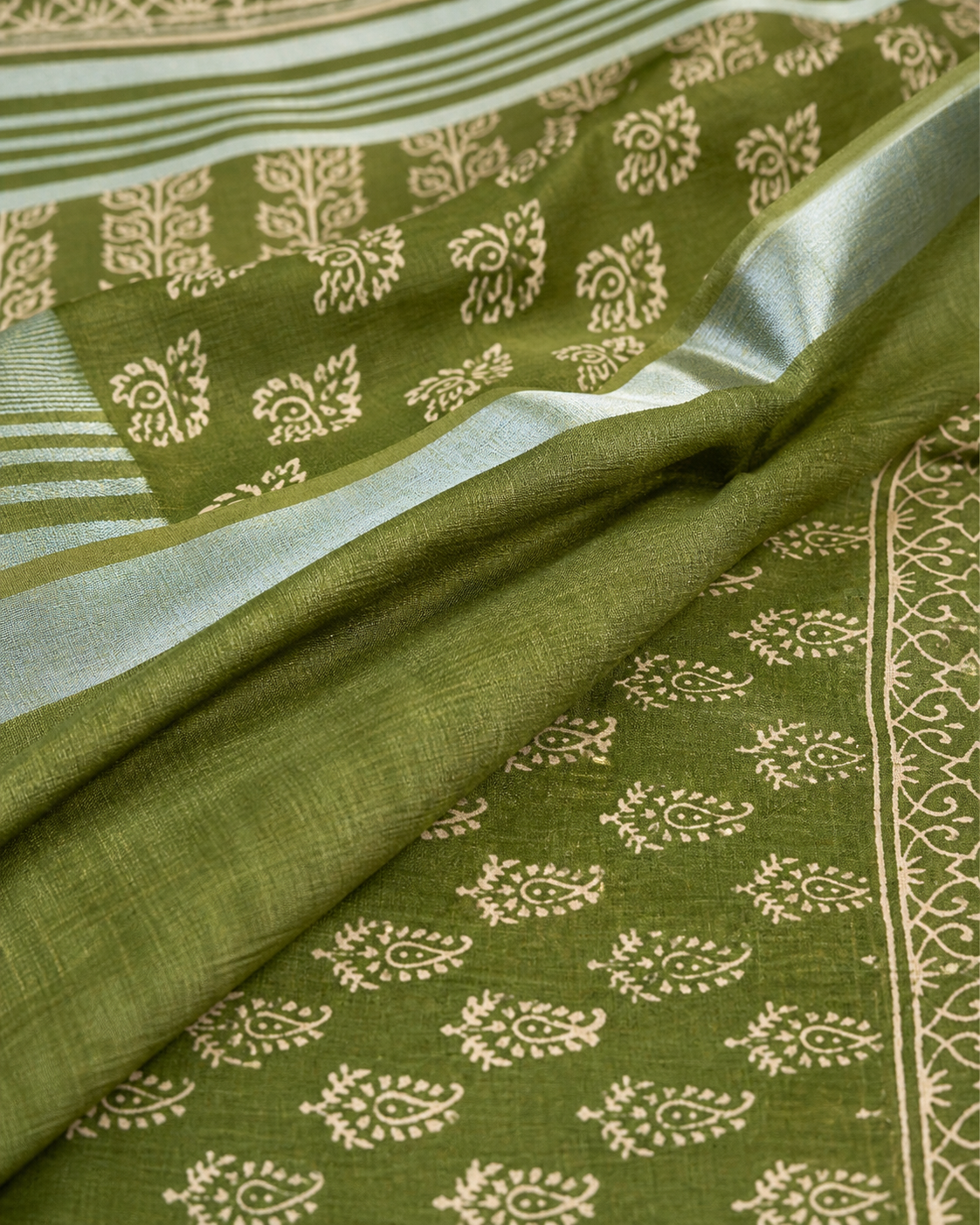 Green Banarasi Linen Cotton Saree — fabric view