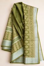 Green Banarasi Linen Cotton Saree — hero view