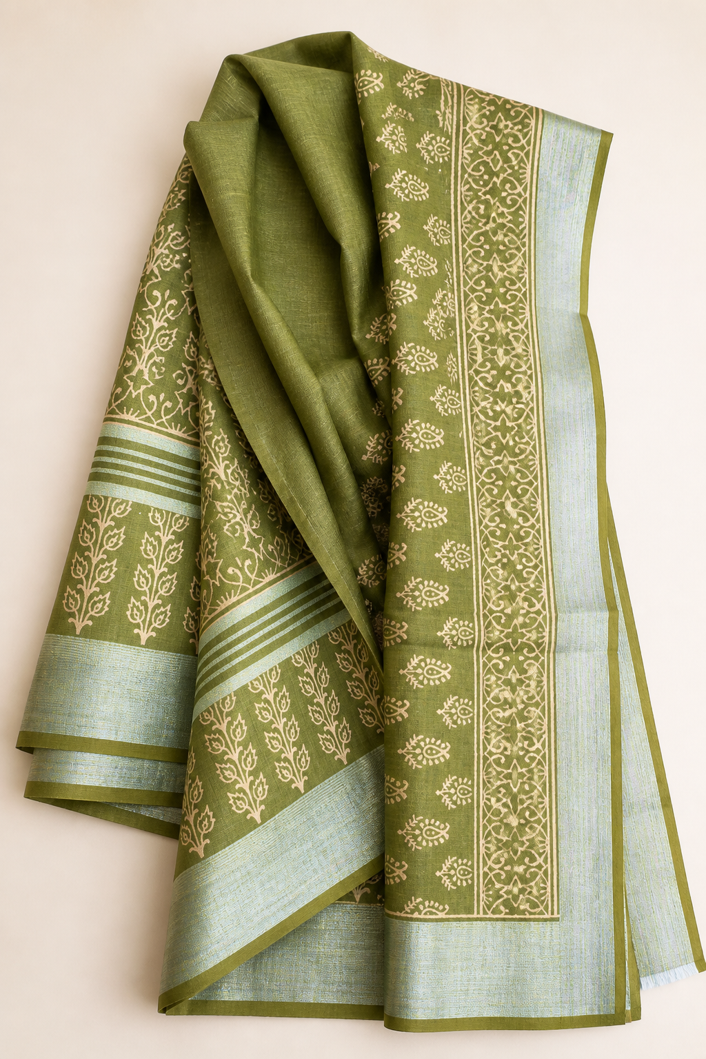 Green Banarasi Linen Cotton Saree — hero view