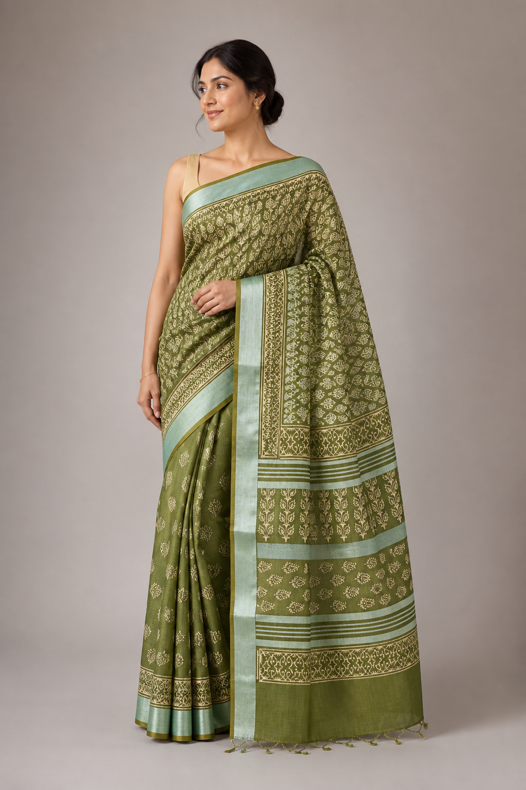 Green Banarasi Linen Cotton Saree — model view