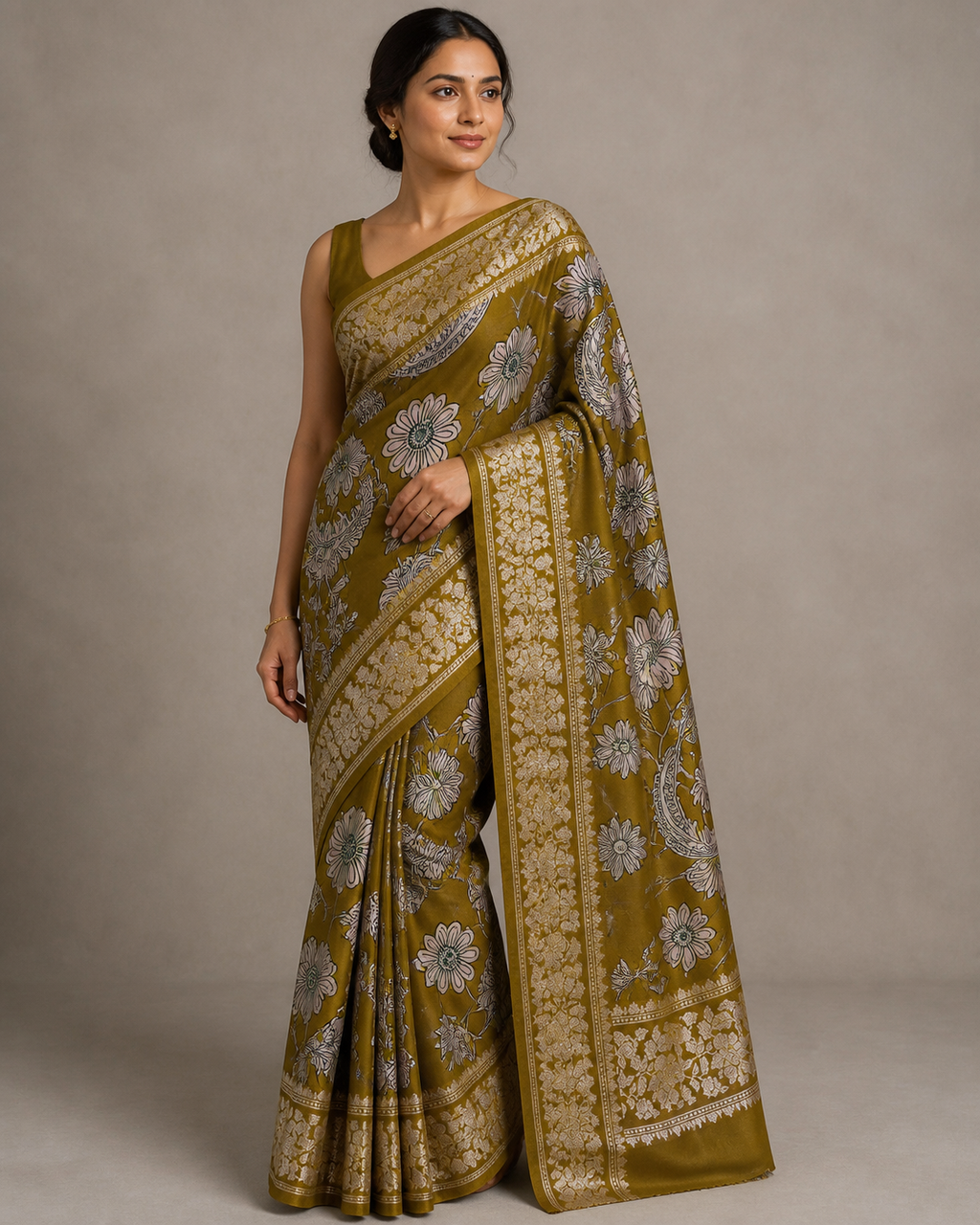 Mehendi Green Banarasi Linen Saree — model view