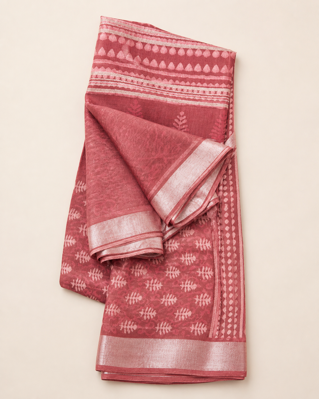 Onion Pink Banarasi Linen Cotton Saree — hero view