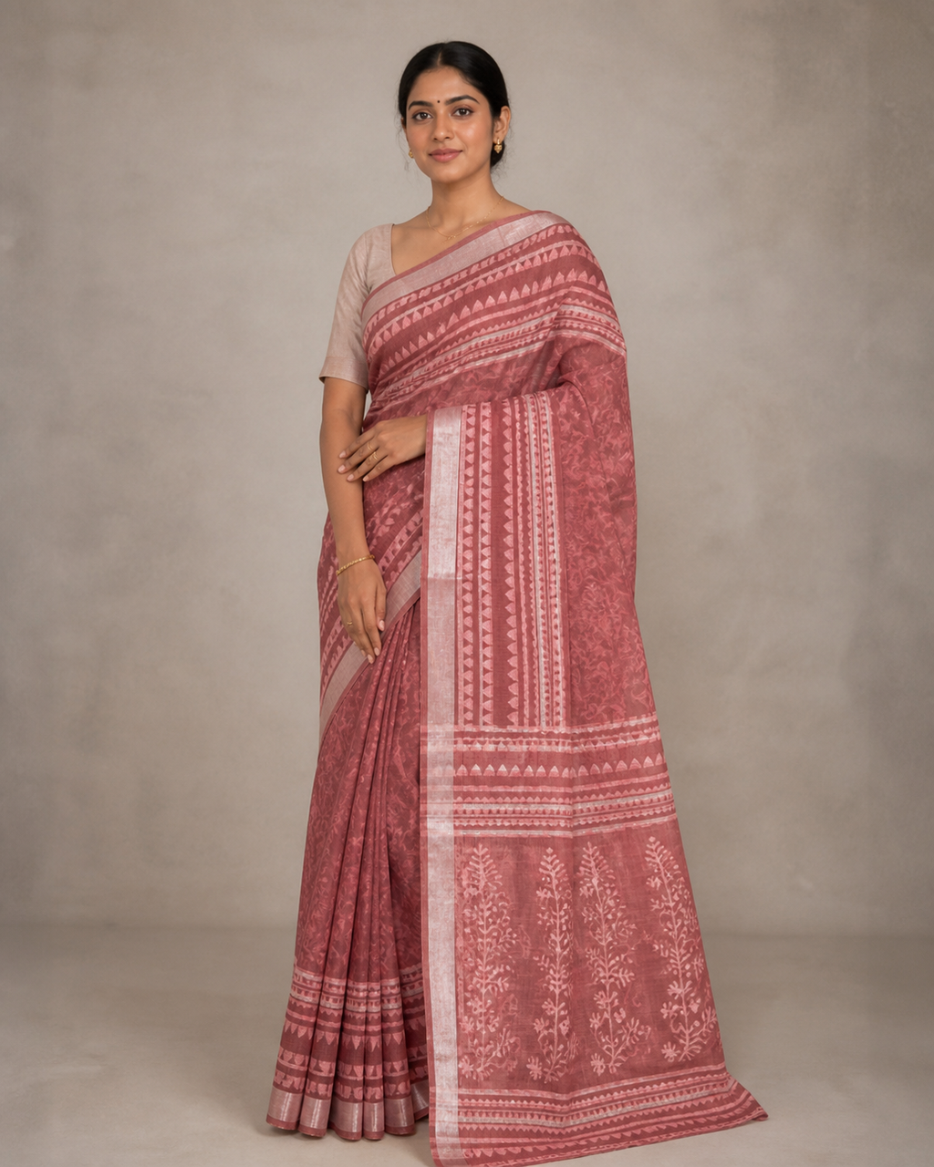 Onion Pink Banarasi Linen Cotton Saree — model view