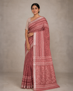 Onion Pink Banarasi Linen Cotton Saree — model view