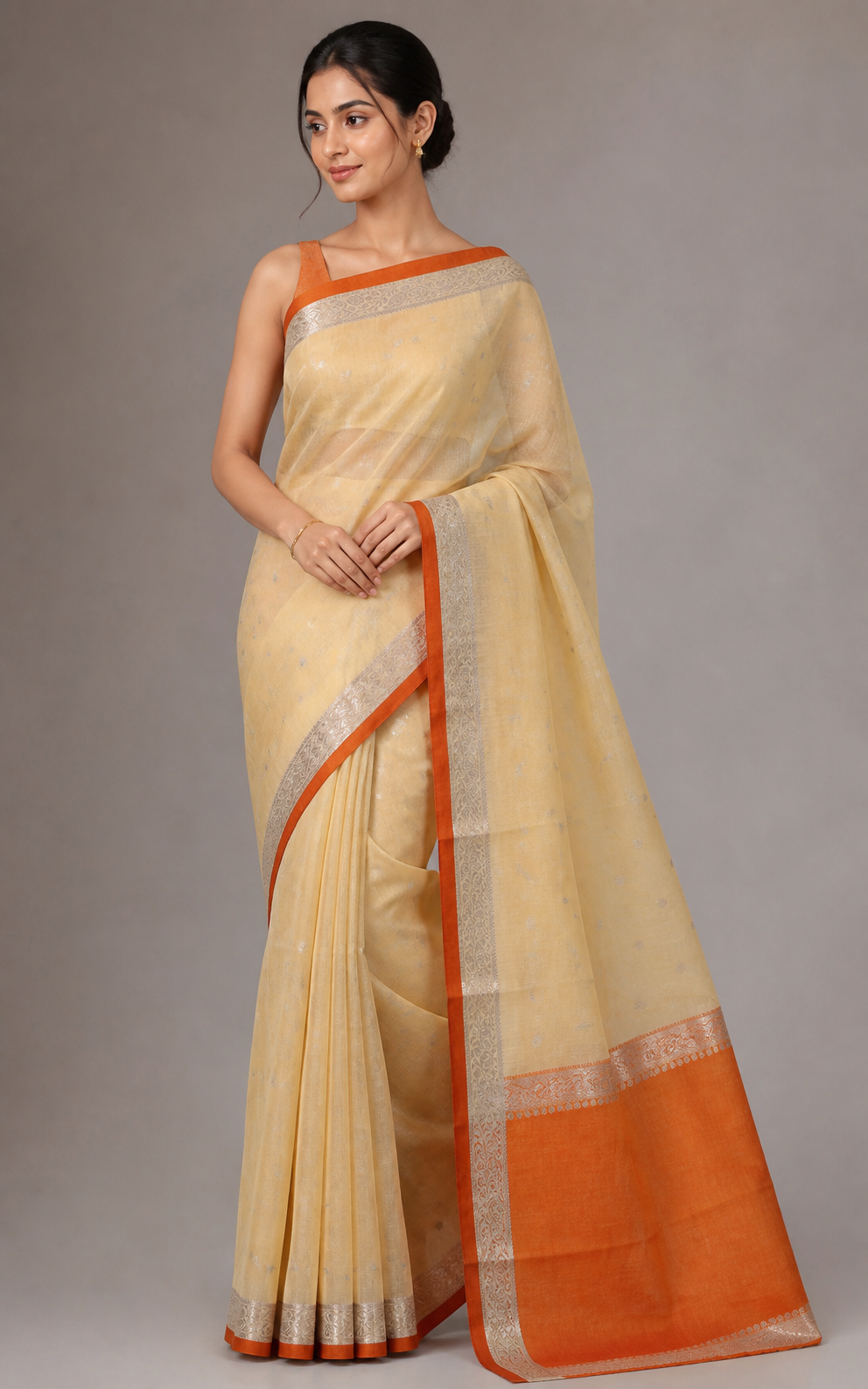 Orange Banarasi Tussar Silk Saree – model view