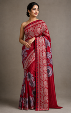 Red Banarasi Linen Saree — model view