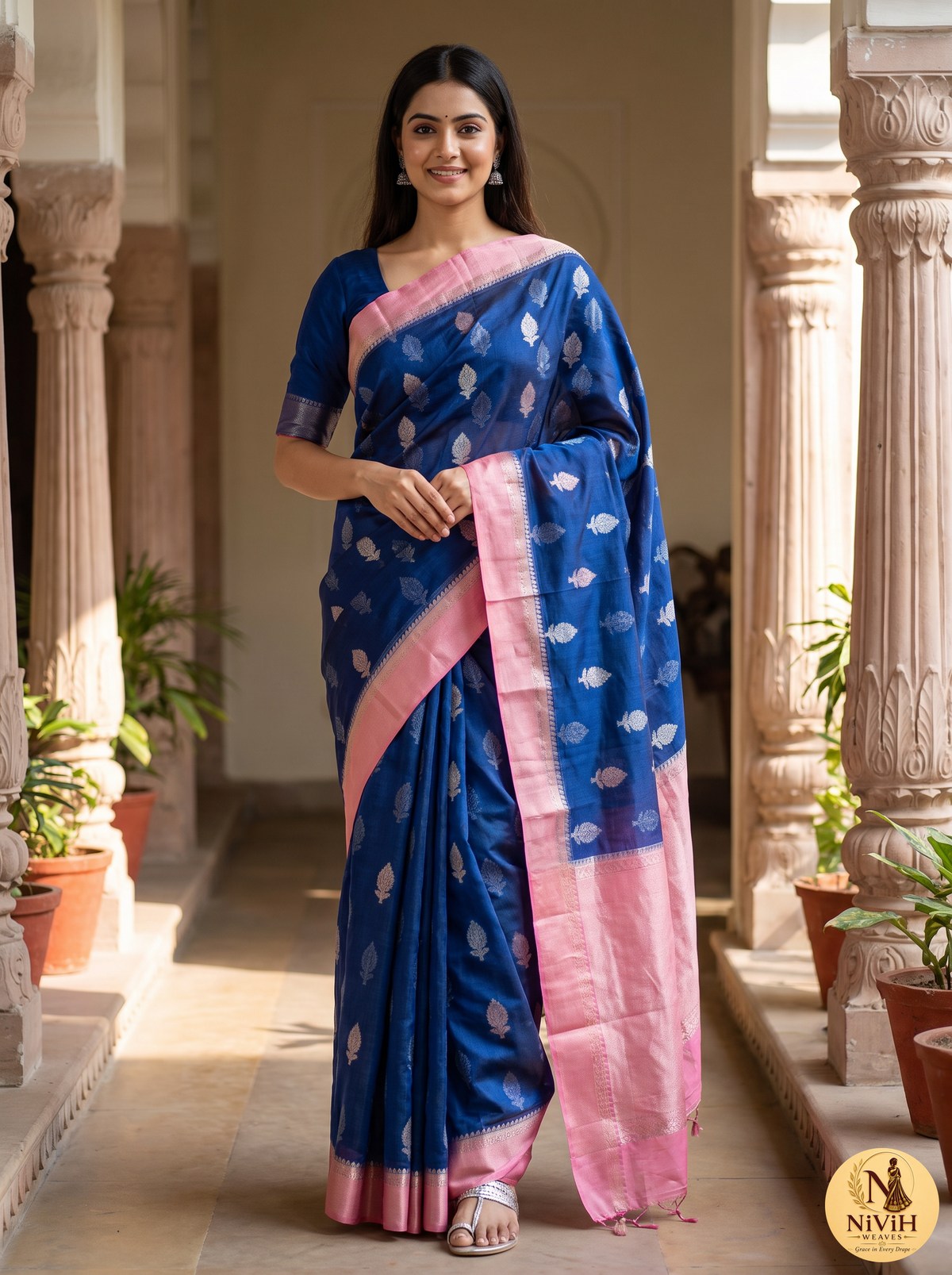 Navy Blue Banarasi Kashmiri Silk Saree with Silver Paisley Booti & Blush Pink Pallu