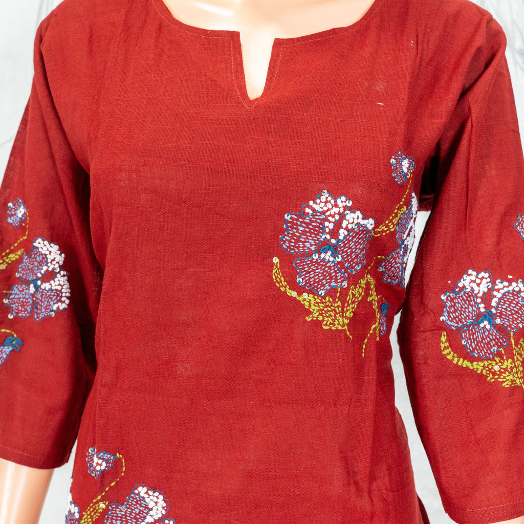 Deep Red Purple Floral Bouquet Hand Embroidered Kurta – NWD-01-017