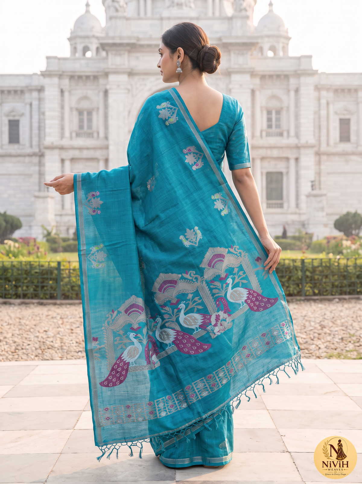 Teal Bengal Silk Saree with Peacock Pallu & White Floral Buta – NWS-01-009