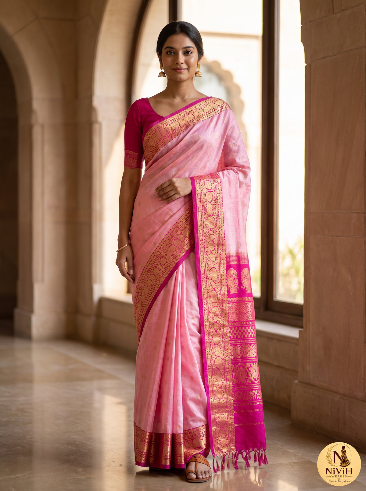 Pure Handloom Gadwal Saree – Blush Pink & Magenta