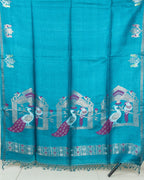 Teal Bengal Silk Saree with Peacock Pallu & White Floral Buta – NWS-01-009