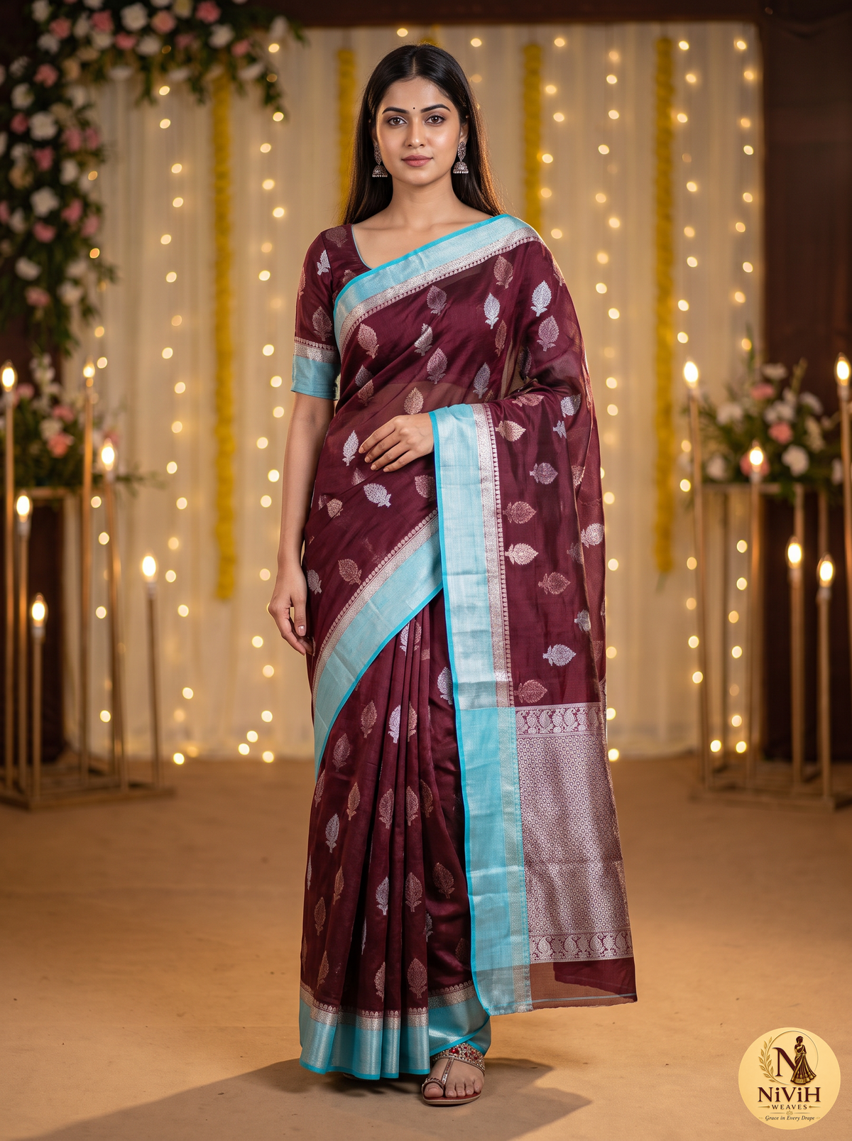 Maroon Banarasi Kashmiri Silk Saree with Silver Chinar Booti & Aqua Blue Pallu