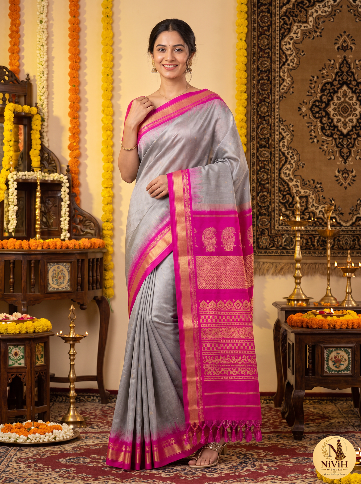 Pure Handloom Gadwal Silk Saree – Silver Grey with Magenta Gold Zari Pallu – NW-GAD-43