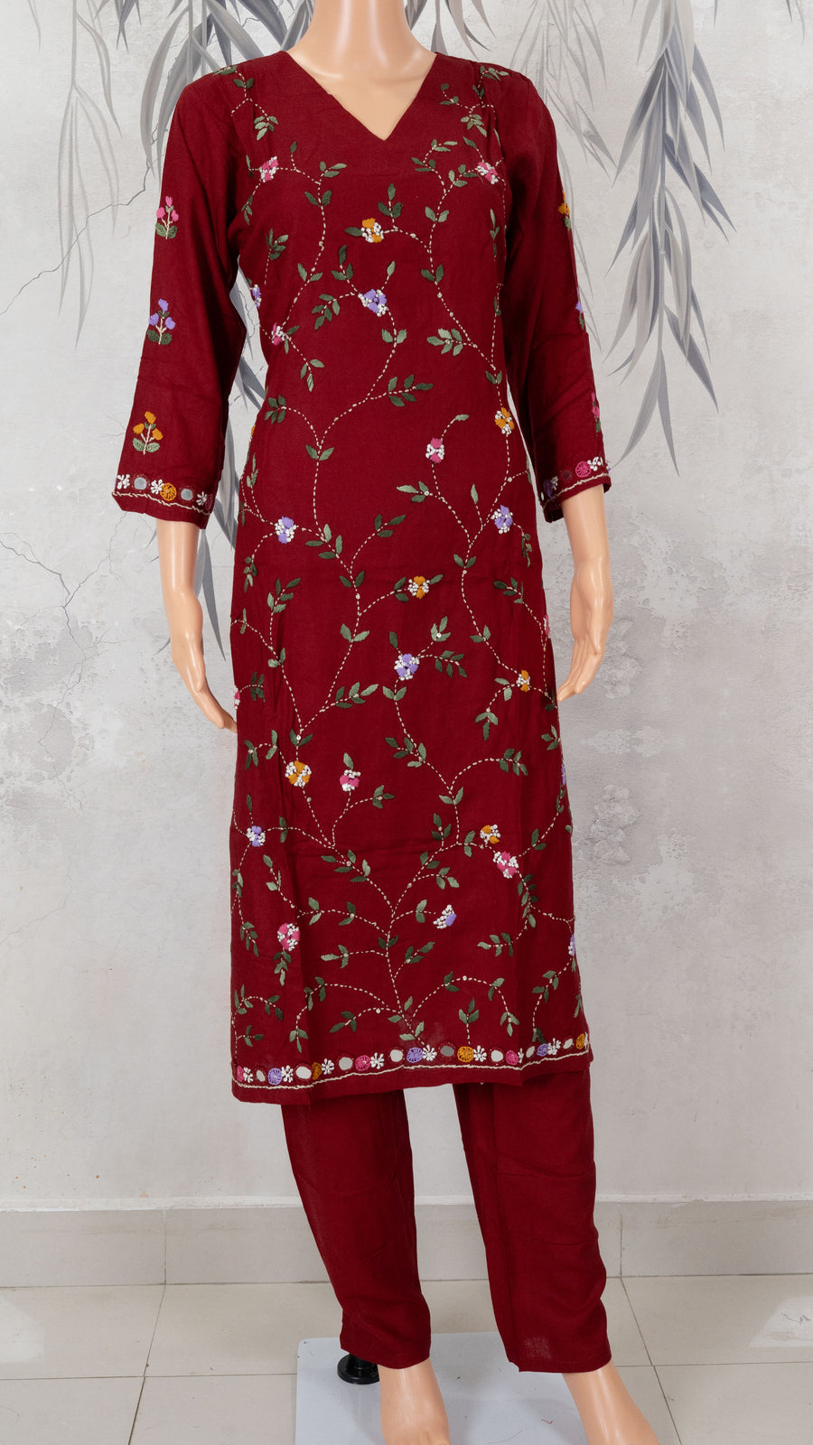 Maroon All-Over Floral Vine Hand Embroidered 2-Piece Kurta Set – NWD-01-002