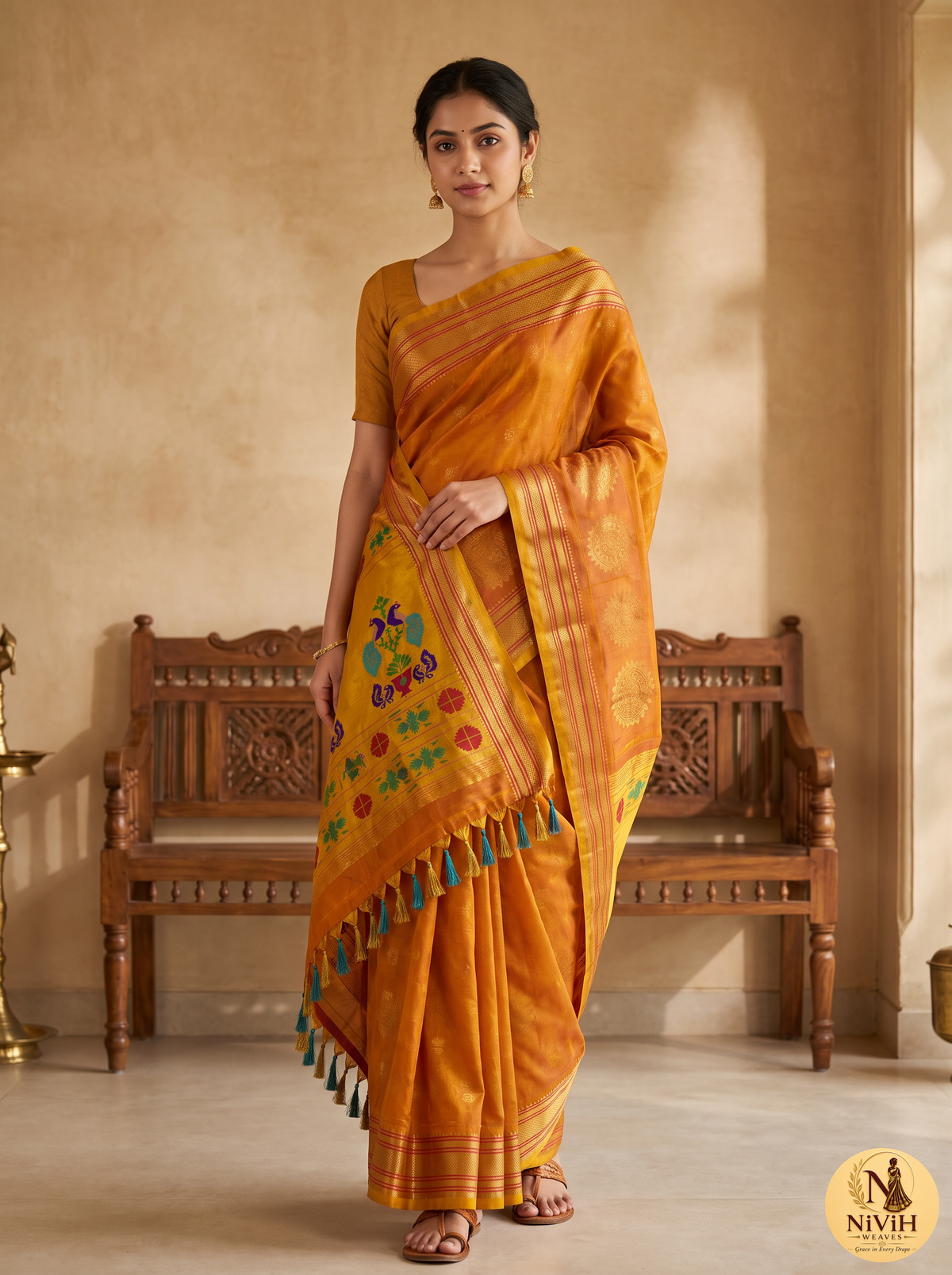 Pure Handloom Gadwal Silk Saree – Mustard Orange with Vivid Yellow Multicolour Pa llu – NW-GAD-41
