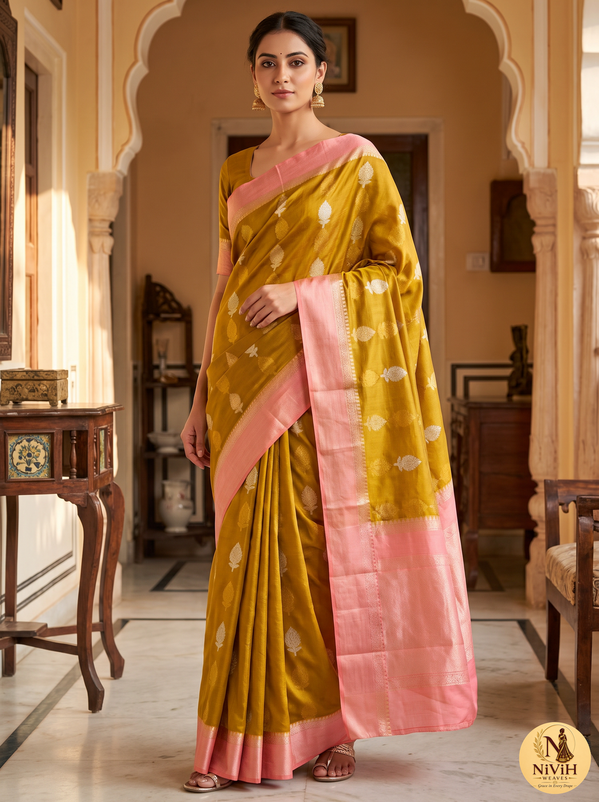 Mustard Yellow Banarasi Kashmiri Silk Saree with Silver Chinar Booti & Blush Pink Pallu
