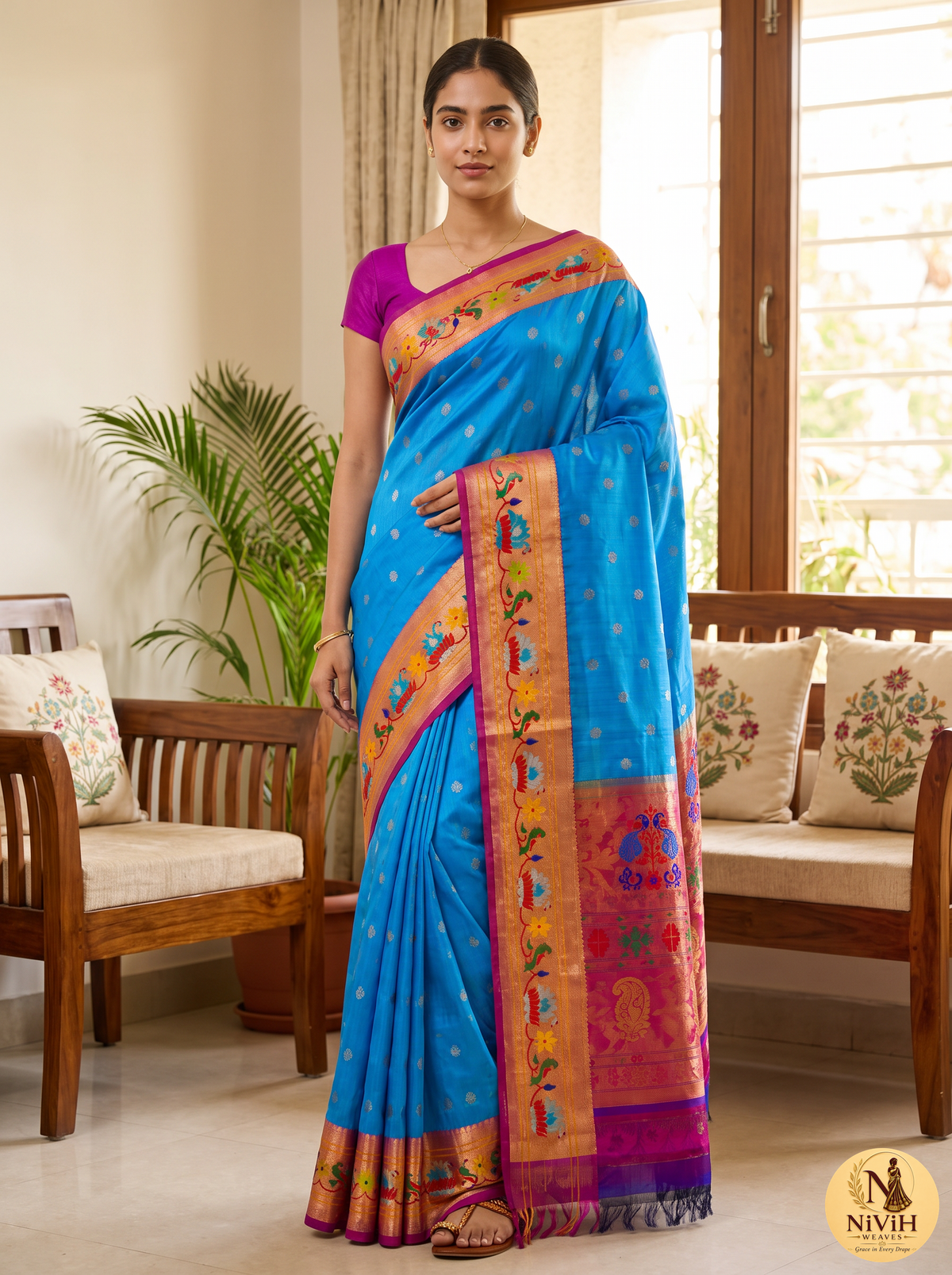 Pure Handloom Gadwal Saree – Turquoise Blue & Magenta.