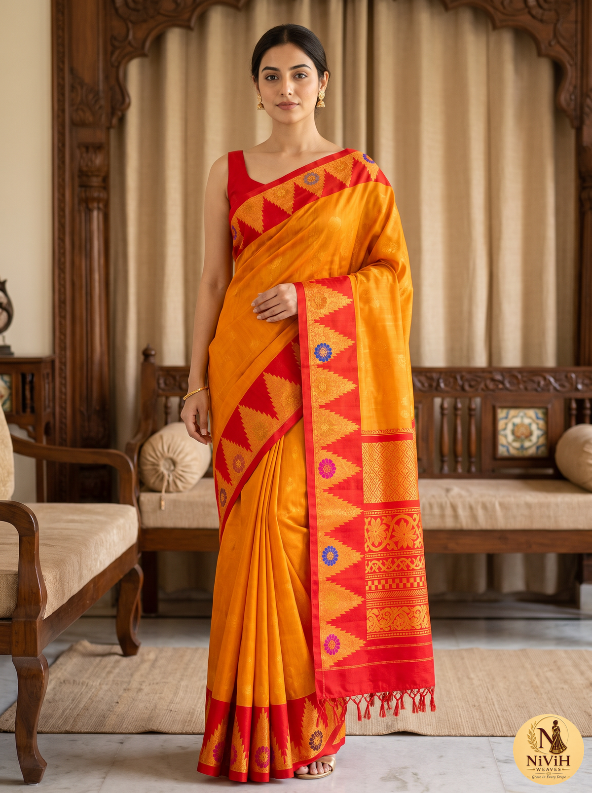 Pure Handloom Gadwal Saree – Orange & Red