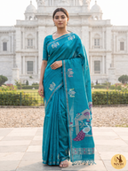 Teal Bengal Silk Saree with Peacock Pallu & White Floral Buta – NWS-01-009
