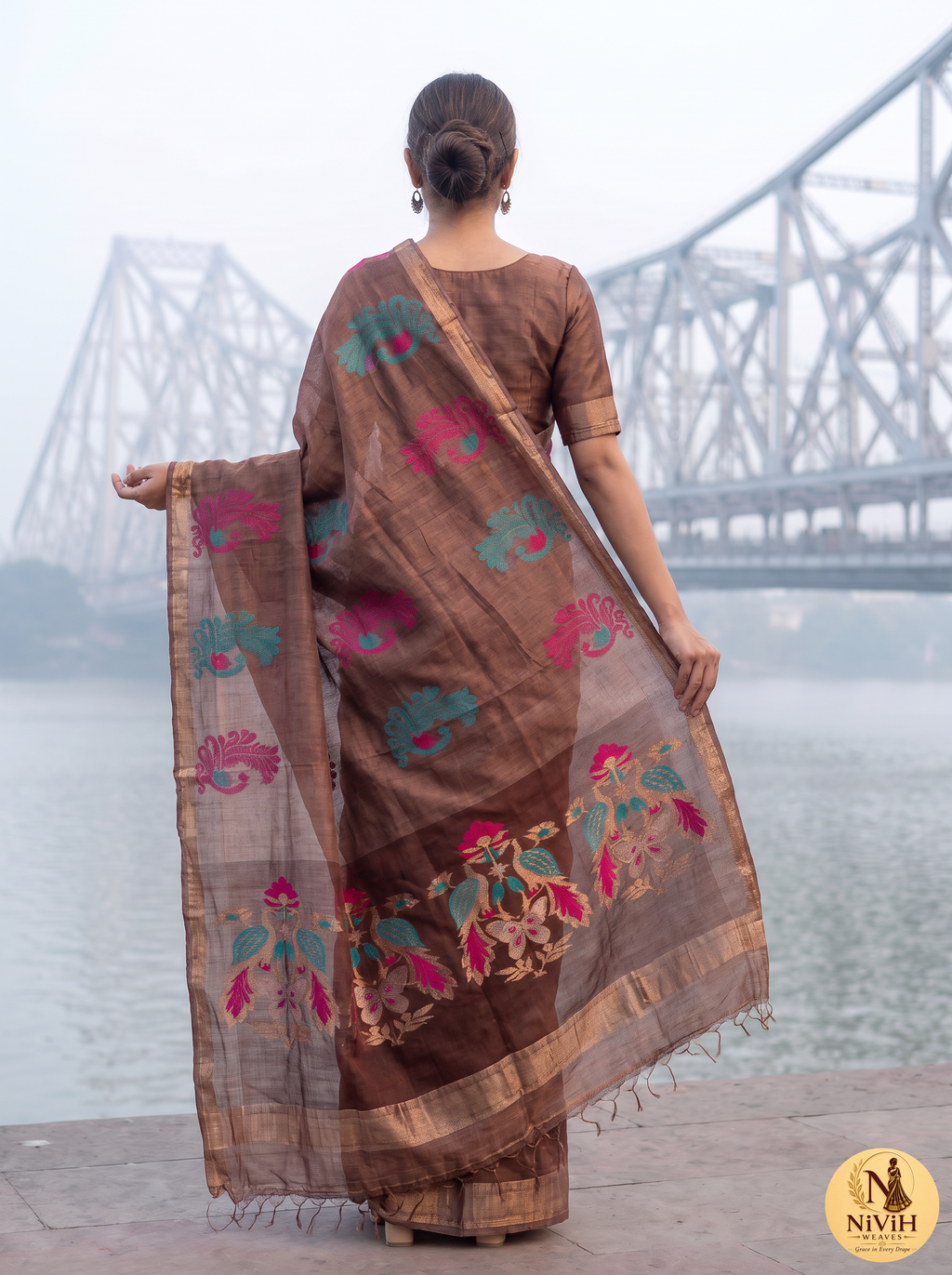 Mocha Brown Silk Saree with Jamdani Crane & Lotus Pallu – NWS-01-016