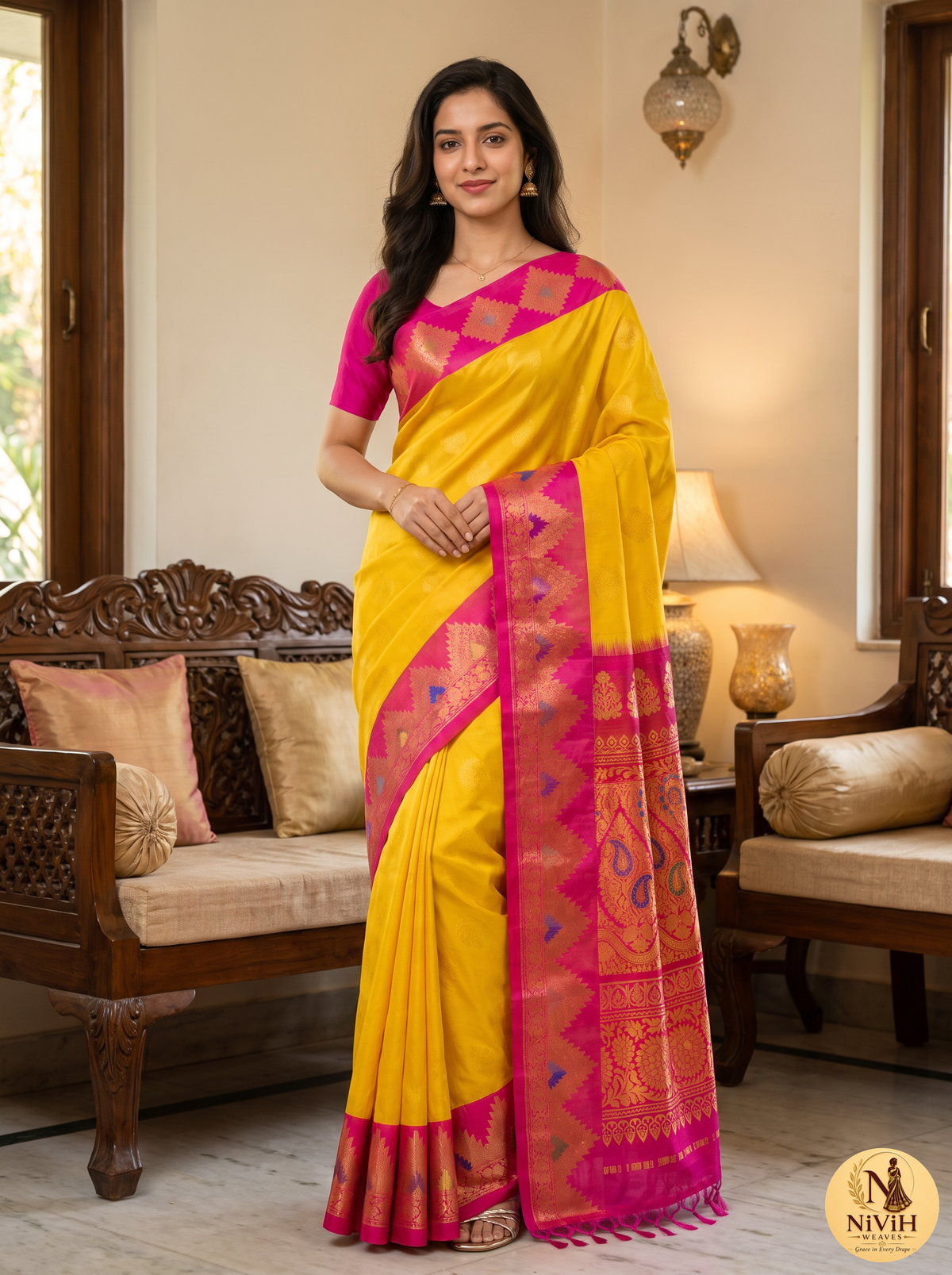 Pure Handloom Gadwal Saree – Golden Yellow & Pink