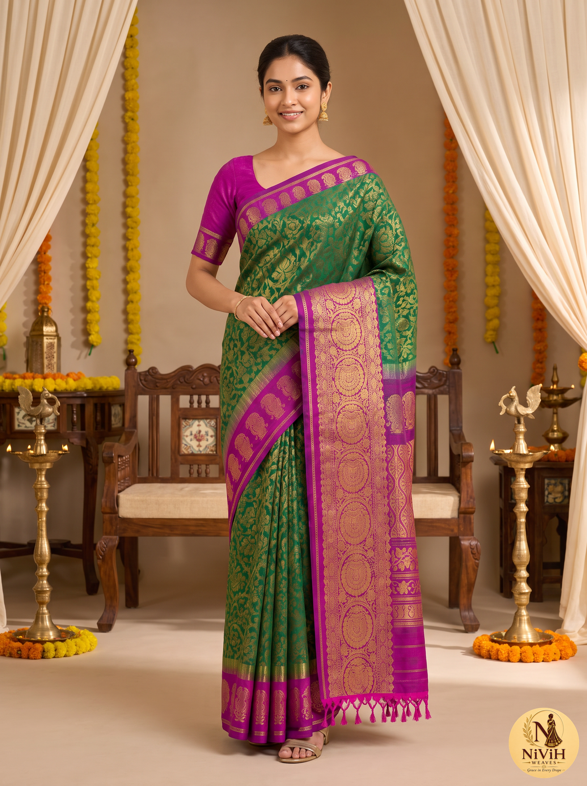 Pure Handloom Gadwal Saree – Emerald Green & Magenta