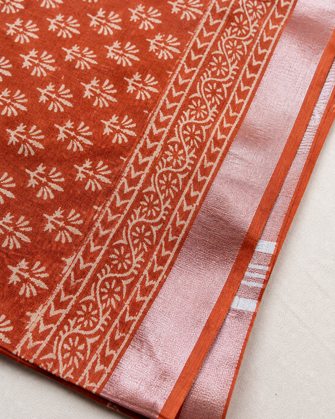 Rust Orange Banarasi Linen Cotton Saree — border view