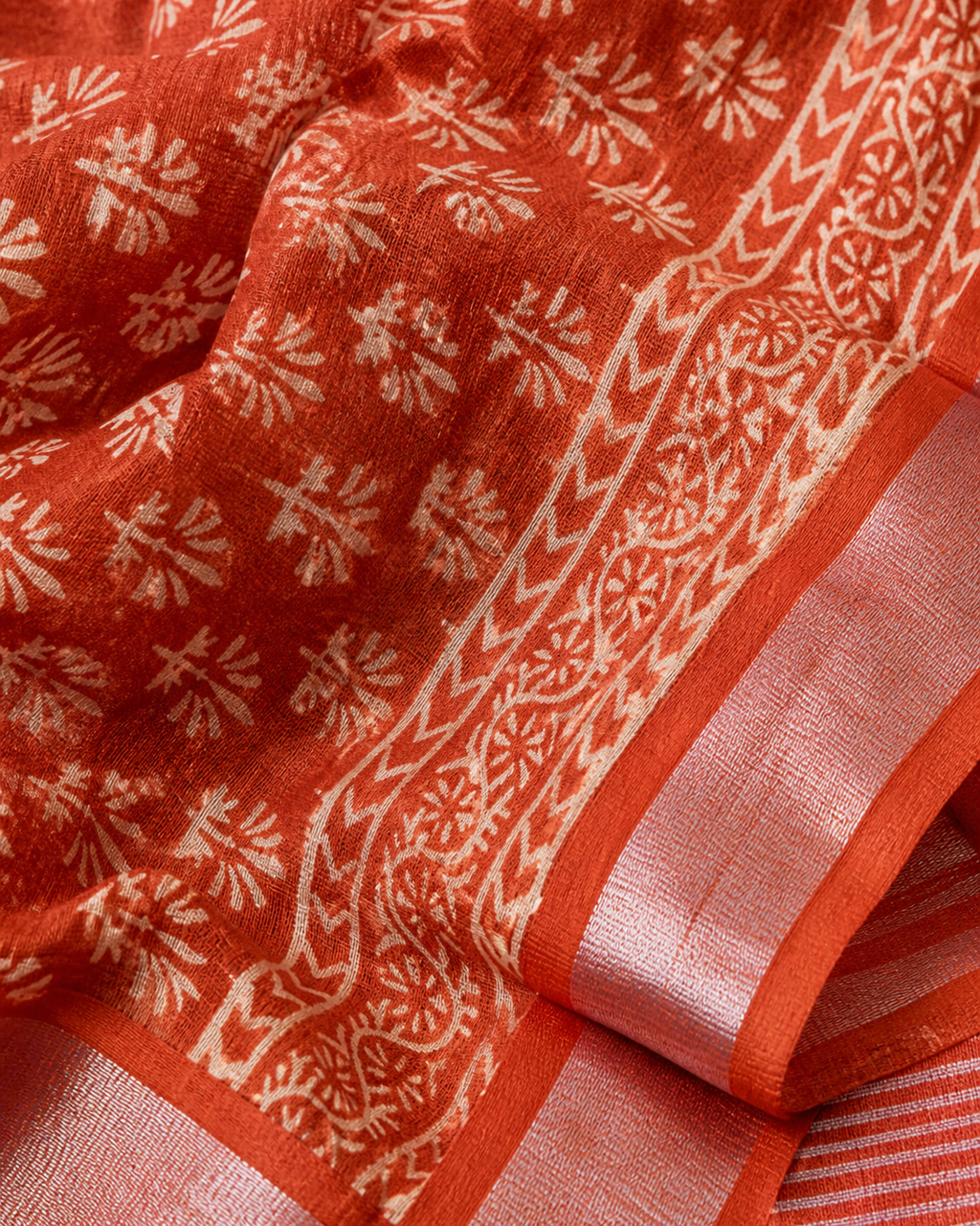 Rust Orange Banarasi Linen Cotton Saree — fabric view