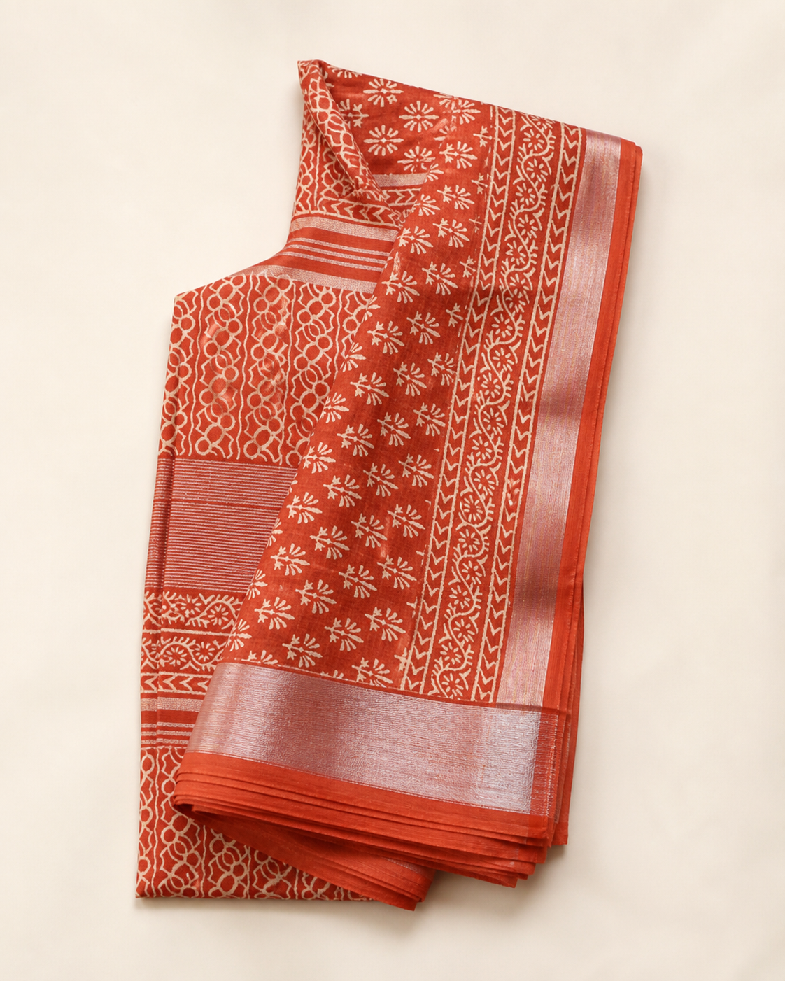 Rust Orange Banarasi Linen Cotton Saree — hero view
