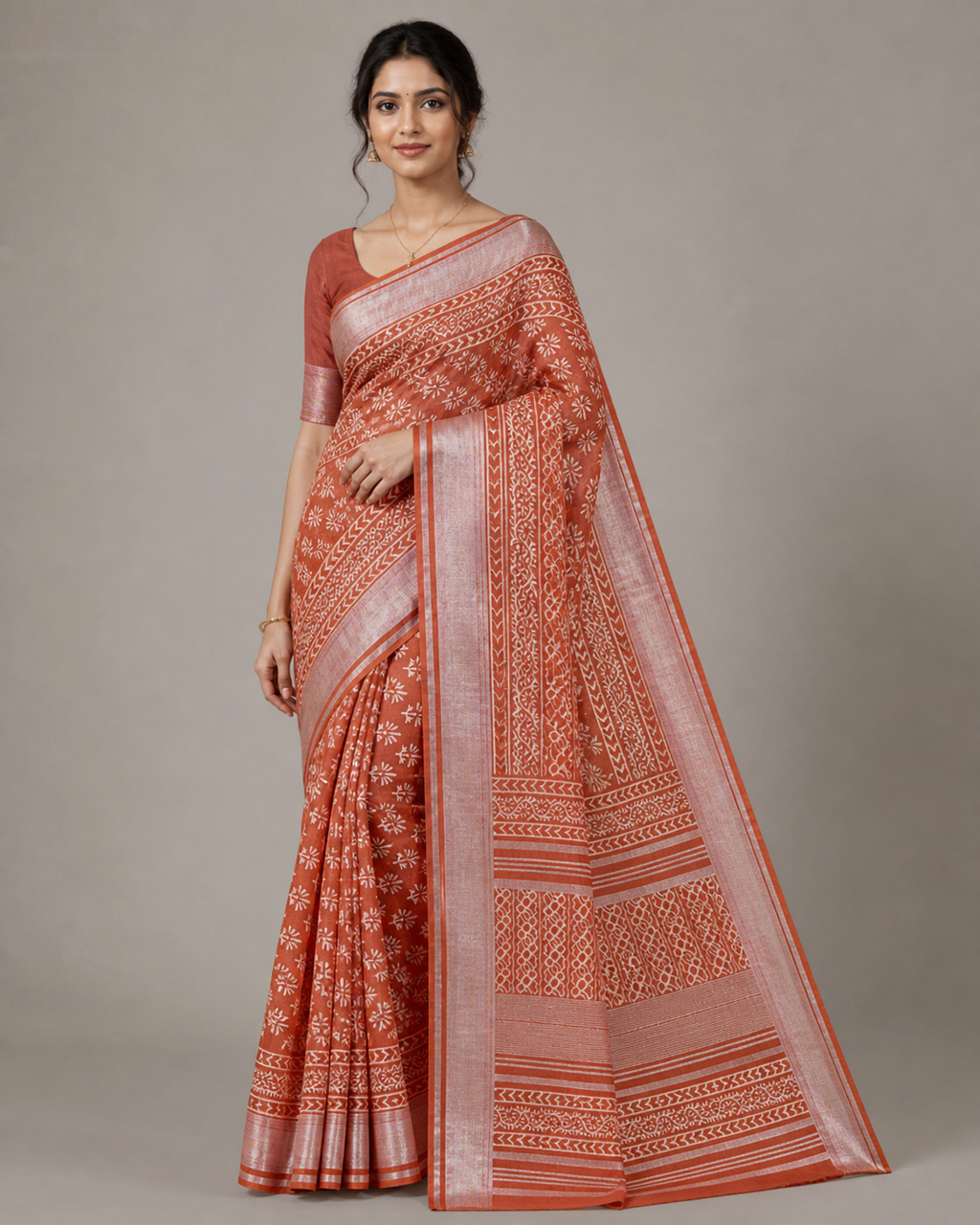 Rust Orange Banarasi Linen Cotton Saree — model view